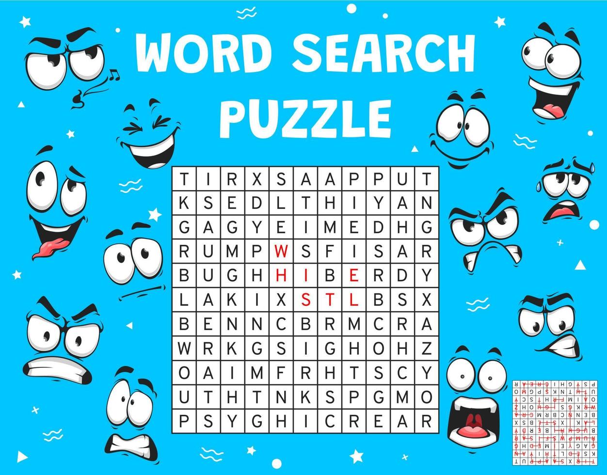 Cartoon emoji face expression, word search puzzle vector