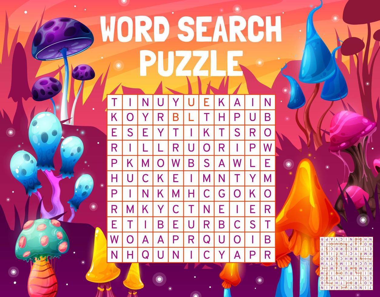 Magic alien mushrooms, word search puzzle game vector