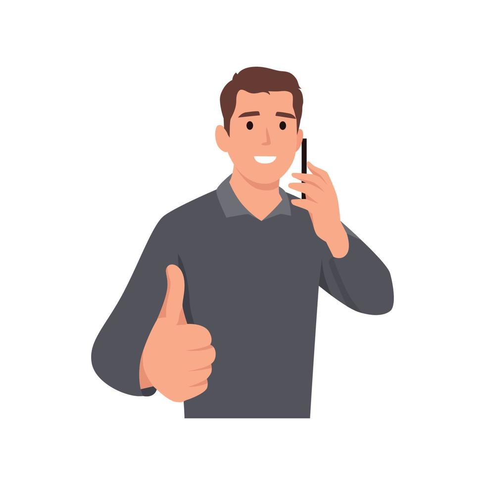 Young man giving thumbs up while talking on the phone. Flat vector illustration isolated on white background