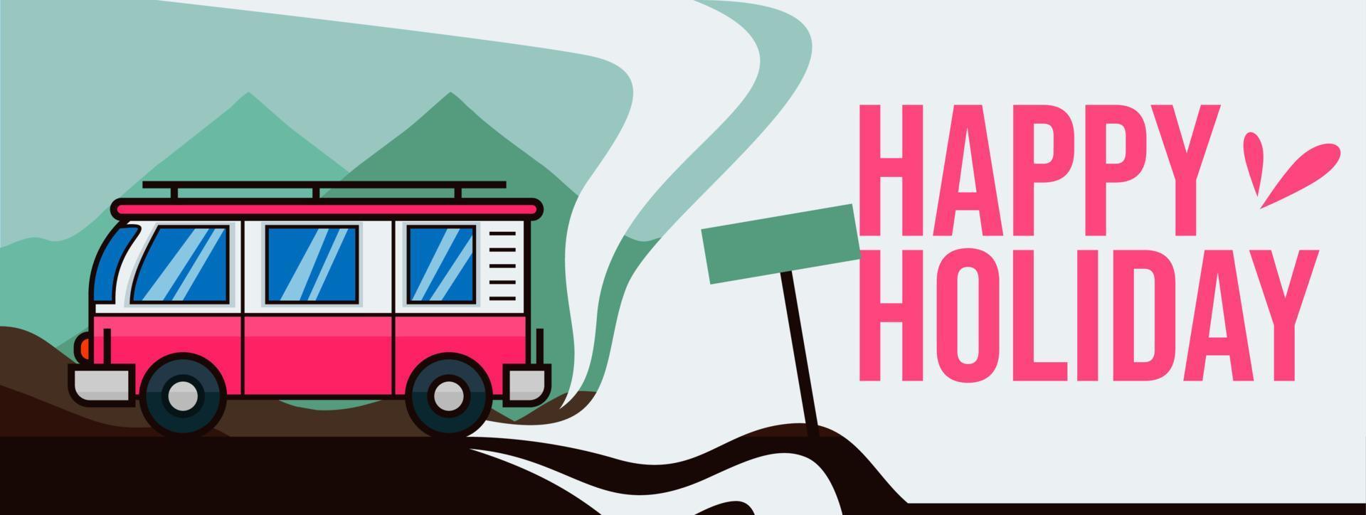 vector de banner de vacaciones felices con ilustración de furgoneta