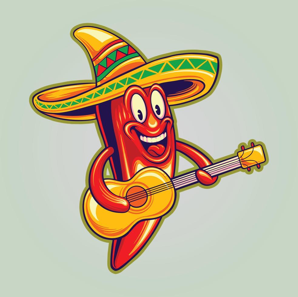 Cute chilli cinco de mayo mexican guitar illustration Vector for your work Logo, mascot merchandise t-shirt, stickers and Label designs, poster, greeting cards advertising business company brands