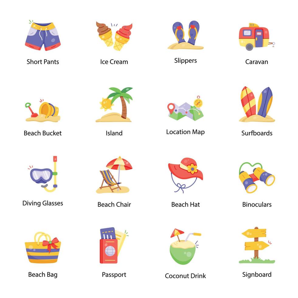 Pack of Beach Flat Icons vector