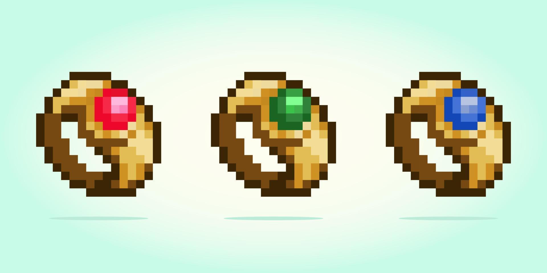 8 bit pixel of magic ring. Accessories for game assets and cross stitch patterns in vector illustrations.