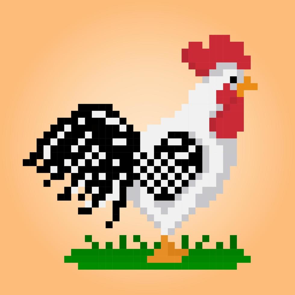 Gallo de píxeles de 8 bits. animal para activos de juego y patrones de punto de cruz en ilustraciones vectoriales. vector