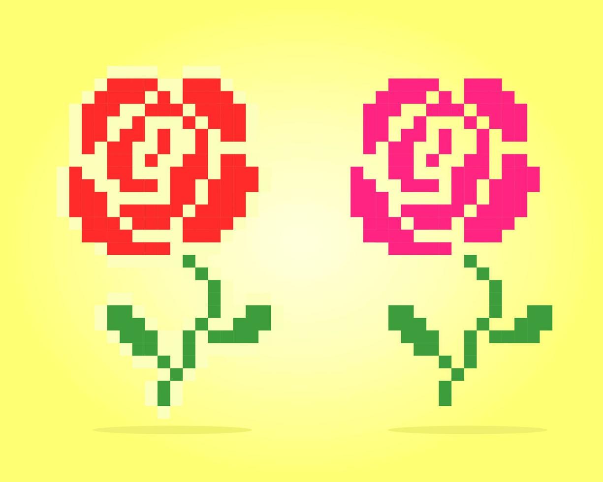 8 bit pixels of rose. Flowers for asset games and Cross Stitch patterns in vector illustrations.