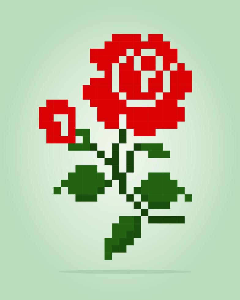 8 bit pixels of rose. Flowers for asset games and Cross Stitch patterns in vector illustrations.