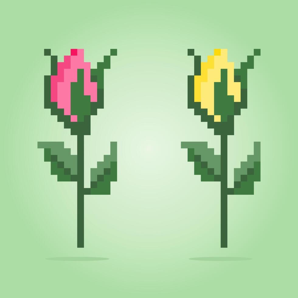 8 bit pixels of rosebud. Flowers for asset games and Cross Stitch patterns in vector illustrations.