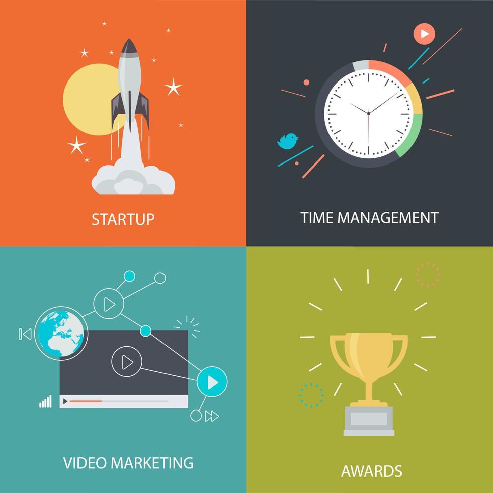 elementos de desarrollo empresarial. cómo iniciar un negocio. inicio, gestión del tiempo, video marketing y premios ilustración vectorial vector