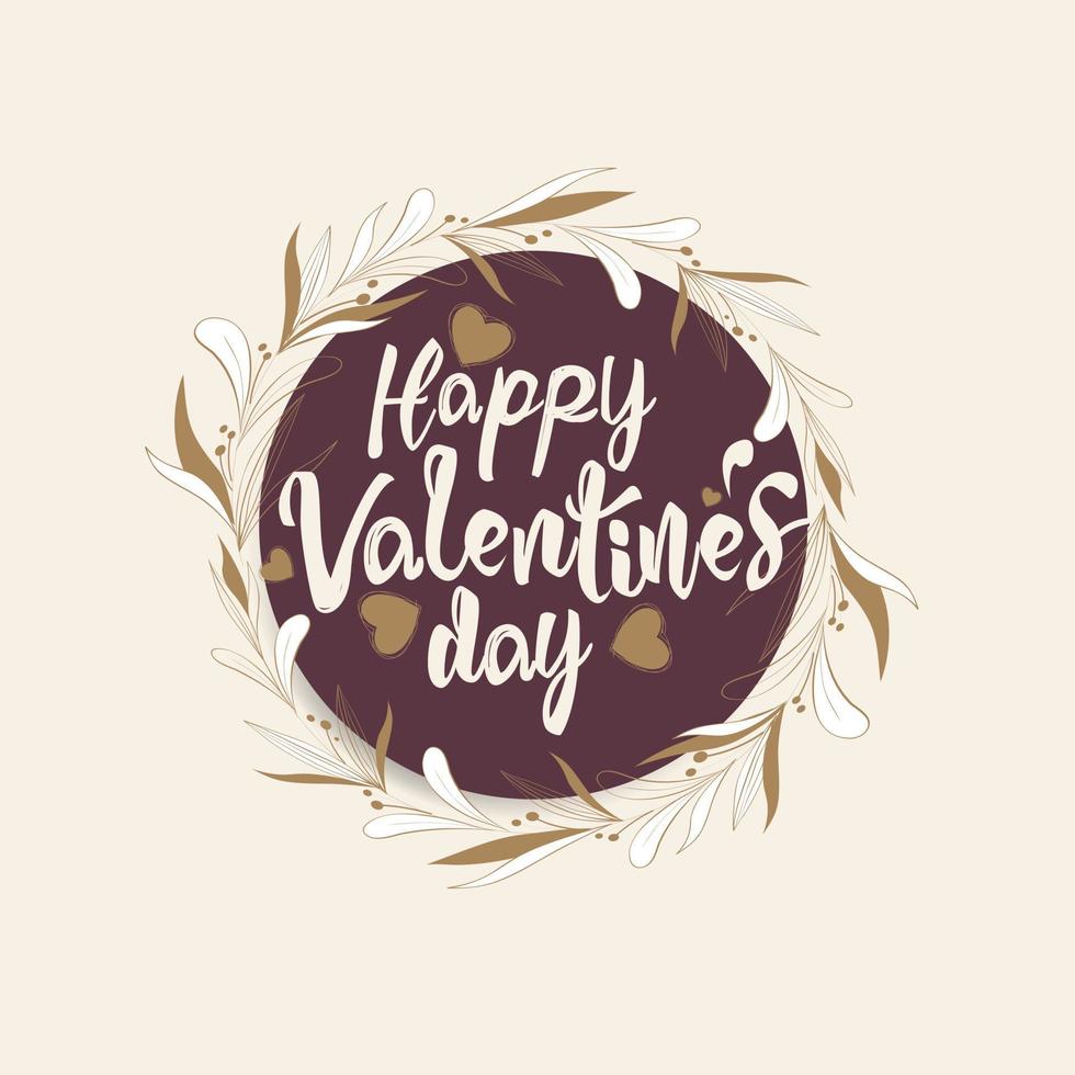 feliz día de san valentín en un círculo de hojas. Frase de letras pintadas a mano. Ilustración de vector. vector