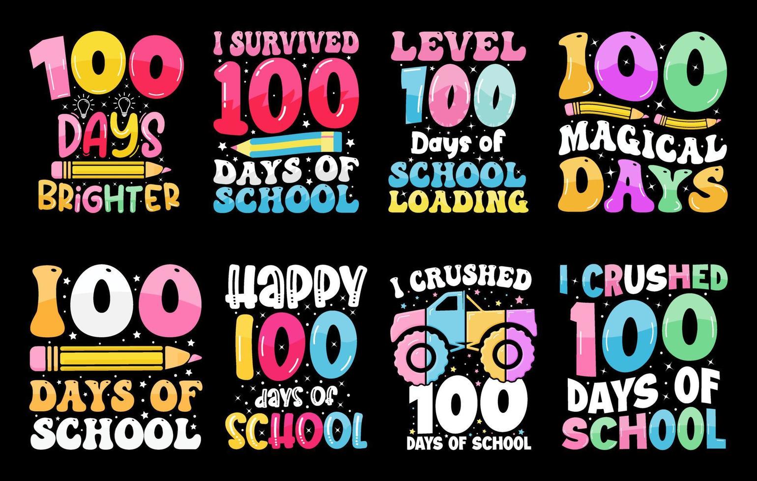 100th days of school t shirt bundle, hundred days t shirt design set, 100th days celebration t shirts, Kids Colorful t shirt bundle vector