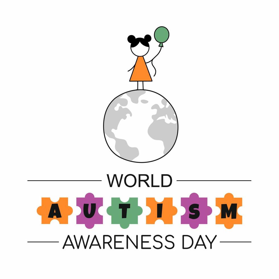 Día Mundial del Autismo. chica con globo de aire. planeta Tierra. ilustración de garabatos vectoriales. inscripción. vector