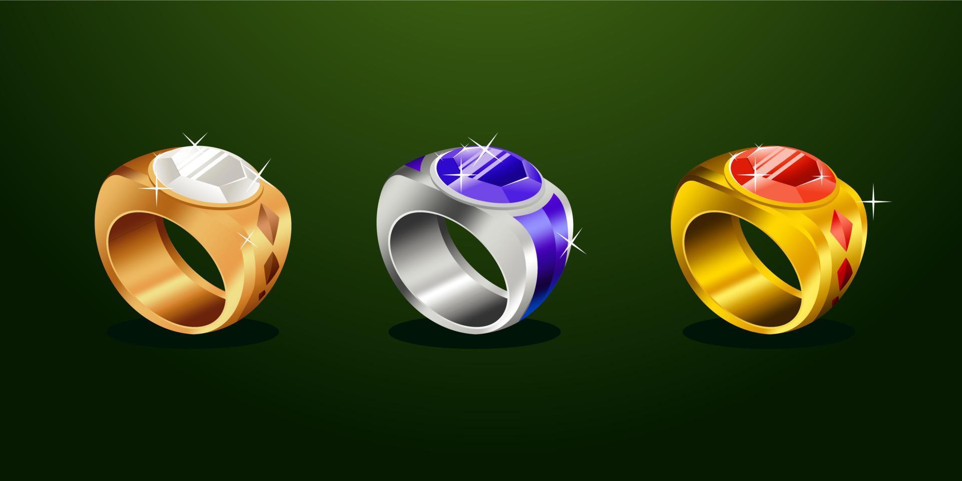 ilustración de conjunto de vectores de anillos de gemas grandes. clásico gran anillo de oro plateado de bronce con piedra preciosa de rubí o diamante sobre fondo verde