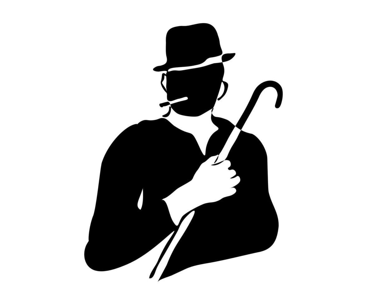 logotipo en blanco y negro de un hombre con un bastón, un cigarro y un sombrero vector