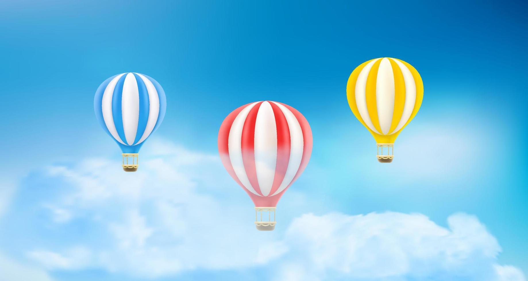 Flying air balloons in cloudy sky. Air travel concept. 3d vector illustration