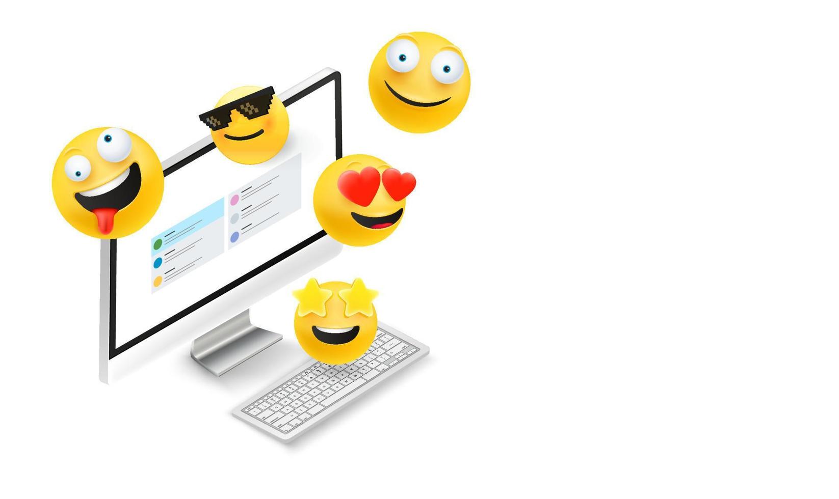 plantilla de póster con computadora, emojis y espacio de copia. ilustración vectorial isométrica con pc vector