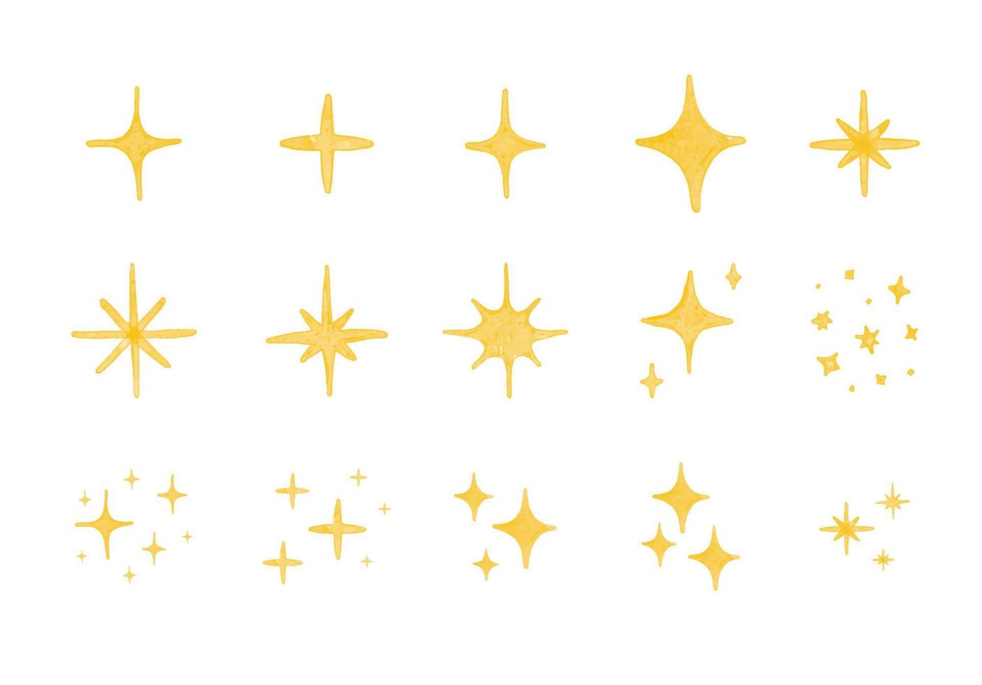 Yellow watercolor sparkle symbol vector set. Bright firework, decoration twinkle, shiny flash. Glowing light effect stars and bursts collection.