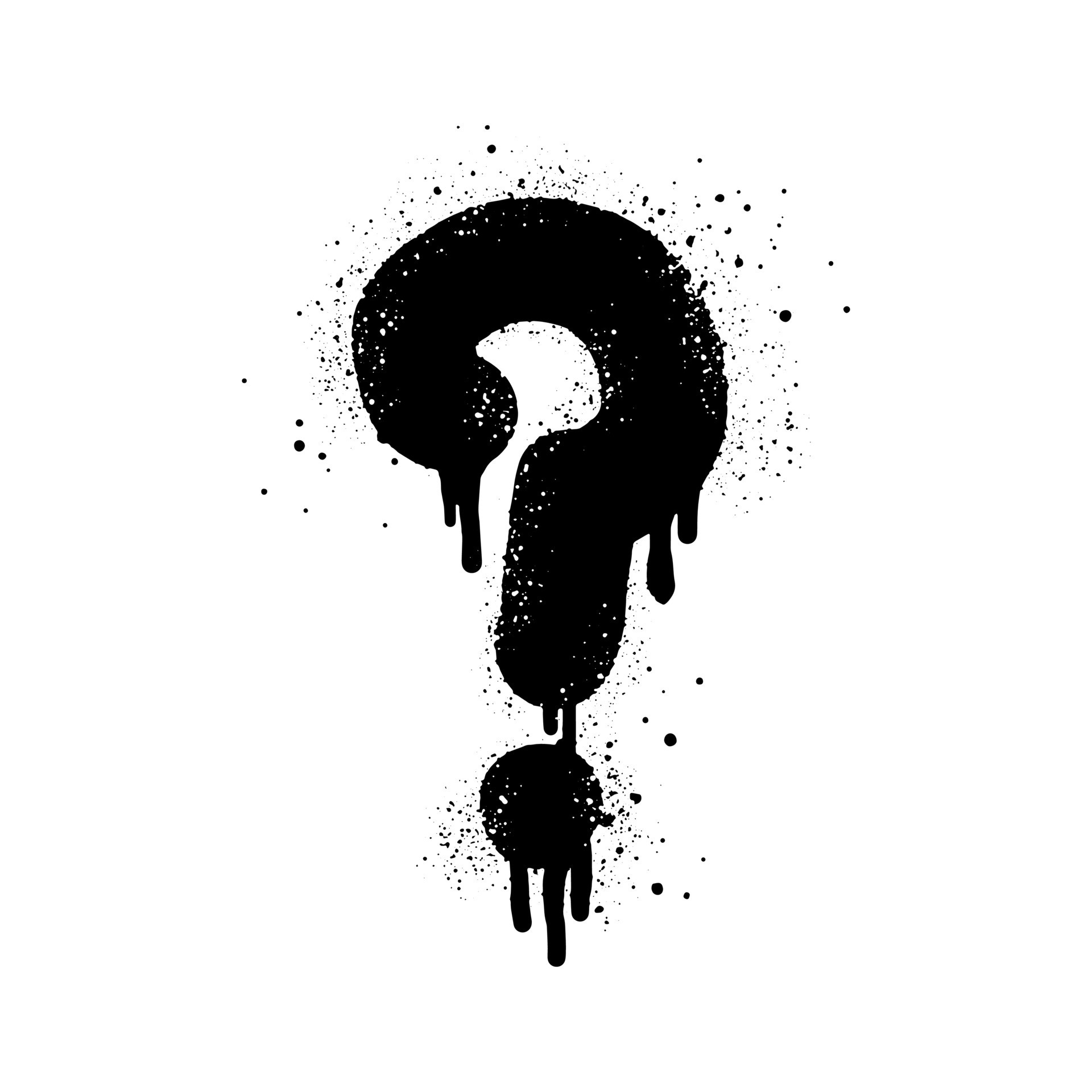 Spray painted graffiti question marks in black over white. question