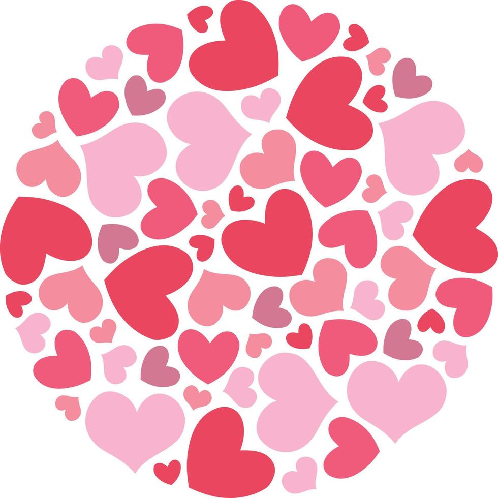 Circle shaped romantic pattern of heart shapes in red, pink, purple and peach color vector