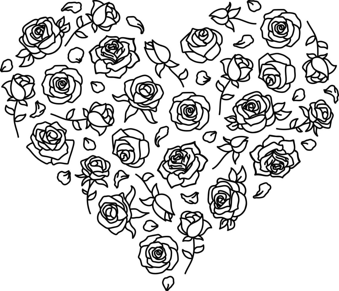 Black and white outline roses pattern in the shape of a heart vector