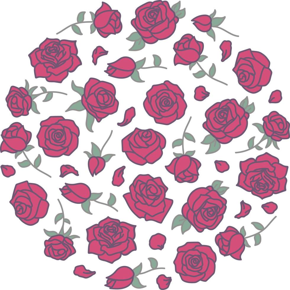contorno relleno del patrón de rosas rojas en forma de círculo vector