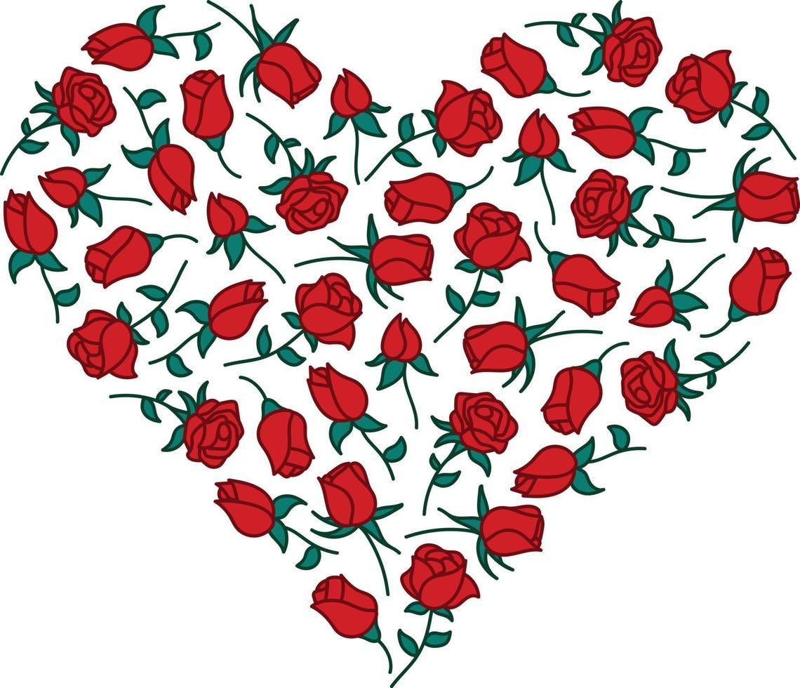 corazón hecho de rosas rojas con hojas verdes vector