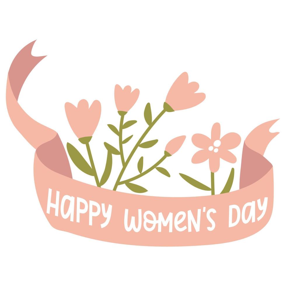 8 de marzo diseño de texto con cinta y flores. dia de la mujer. inscripciones de estilo caligráfico en inglés. plantilla para carteles, postales, pancartas. día Internacional de la Mujer. para tarjetas de felicitación antes del 8 de marzo vector