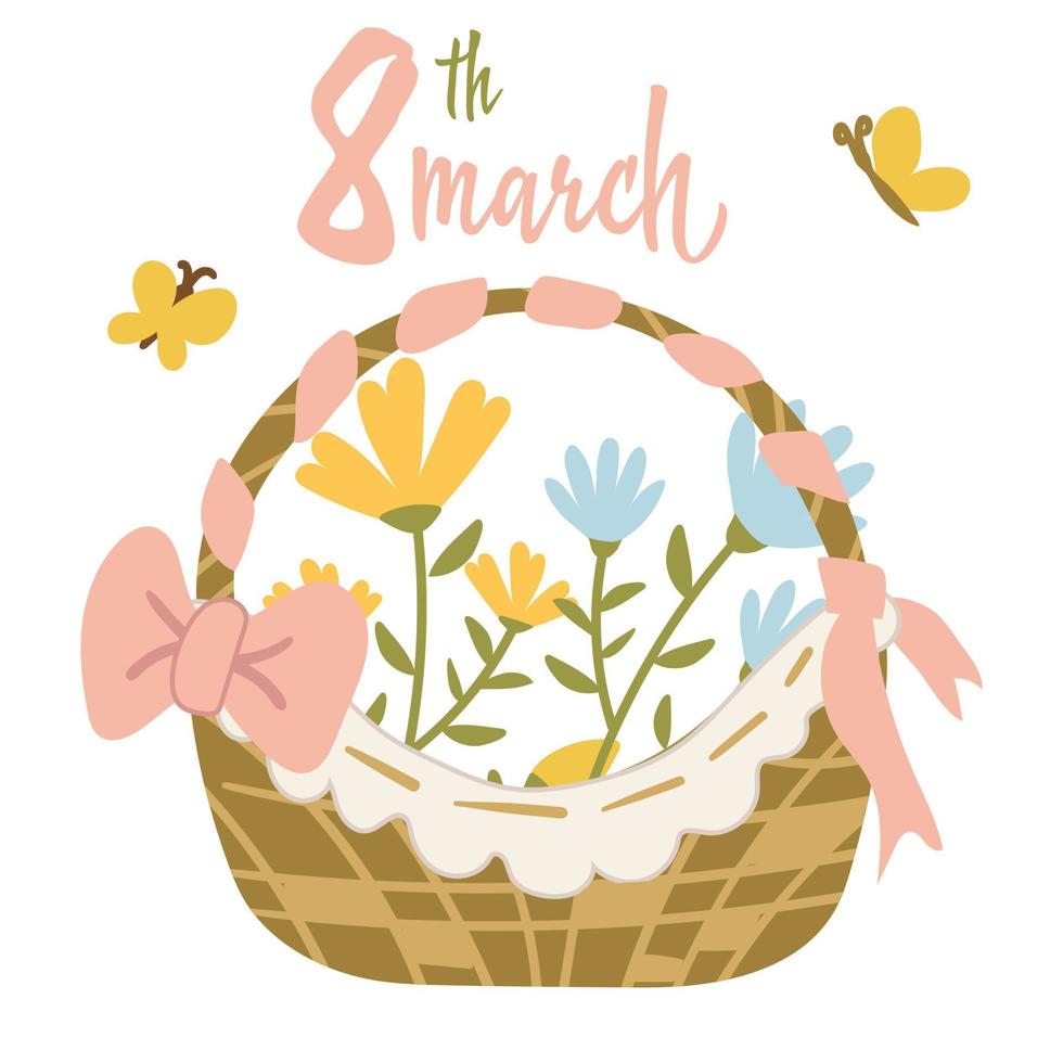 Inscription and illustration for March 8 basket with flowers. Women's Day. Calligraphy-style inscriptions in English. Template for posters, postcards, banners, stickers. International Women's Day. vector