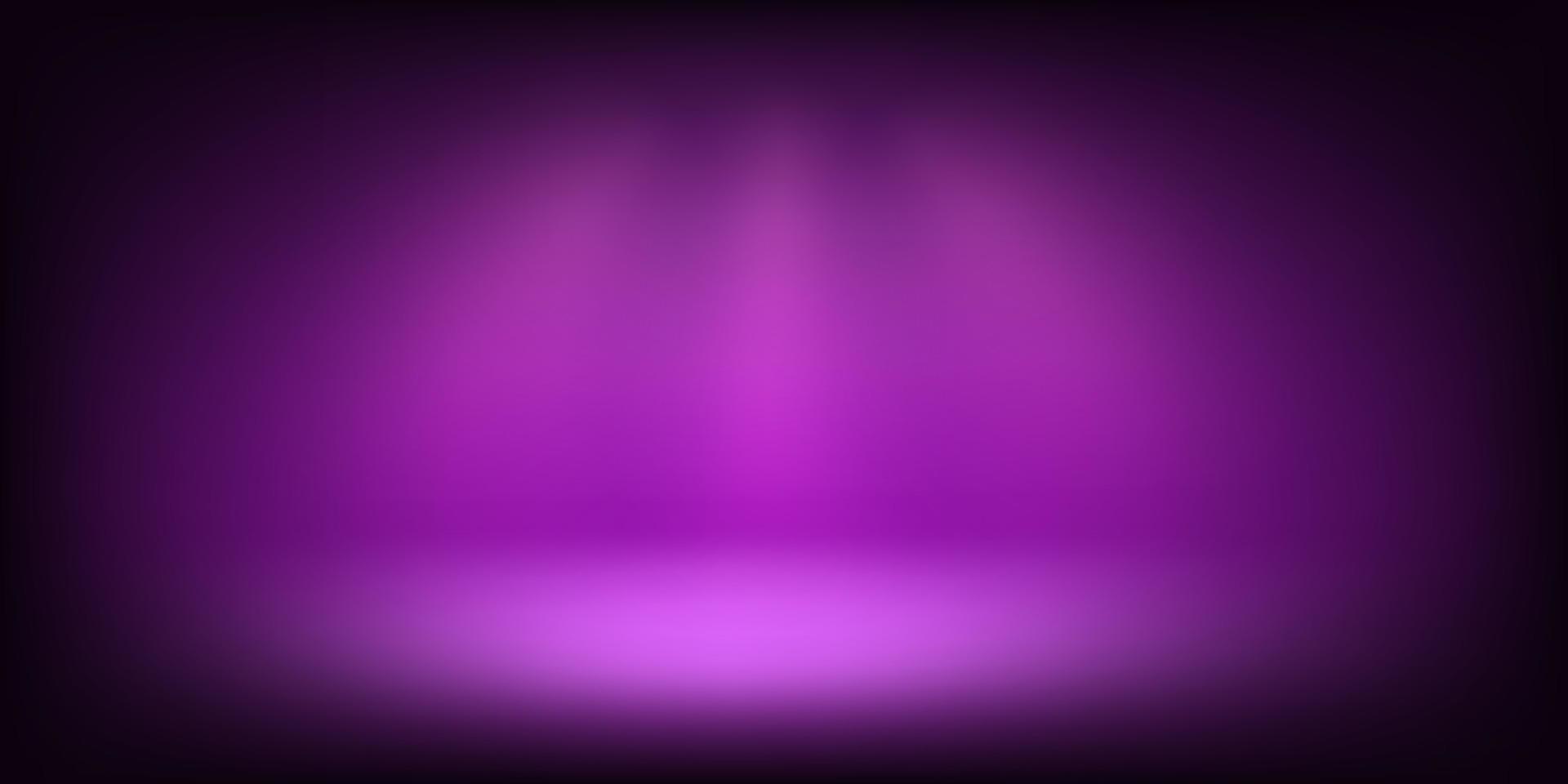 Abstract illuminated empty violet stage with bright projectors. Design template. 3d vector background