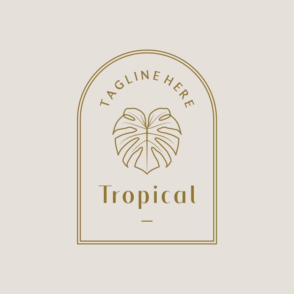 plantilla de diseño de logotipo vectorial tropical con planta de hoja de monstera - spa estético vintage abstracto y concepto de insignia y emblema de vacaciones vector