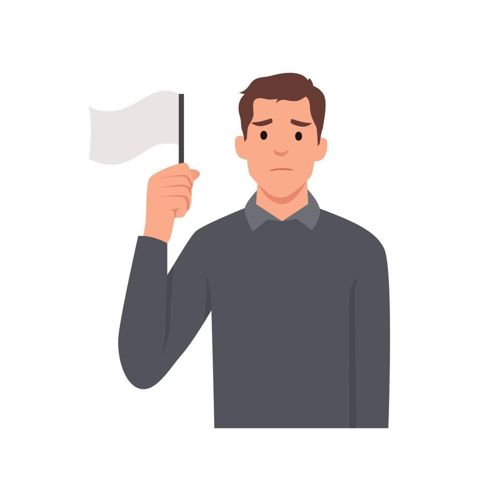 Young man holds white flag of surrender. Flat vector illustration isolated on white background