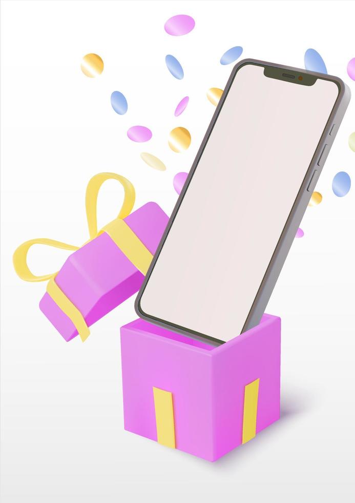 maqueta de teléfono inteligente realista con una caja dorada y confeti de colores vector