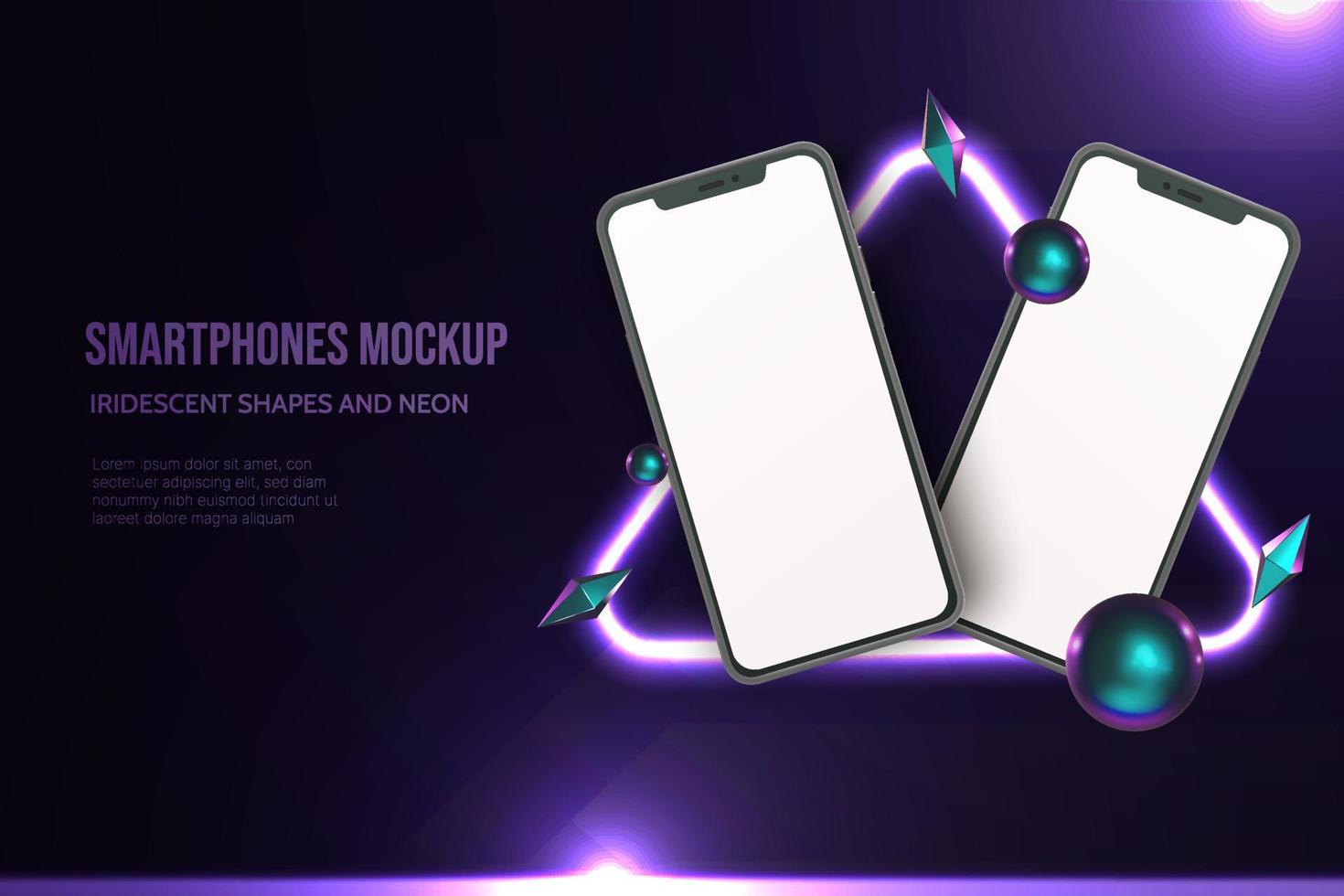 Realistic smartphone mockup with irridescent shapes and neon sign and copy space vector