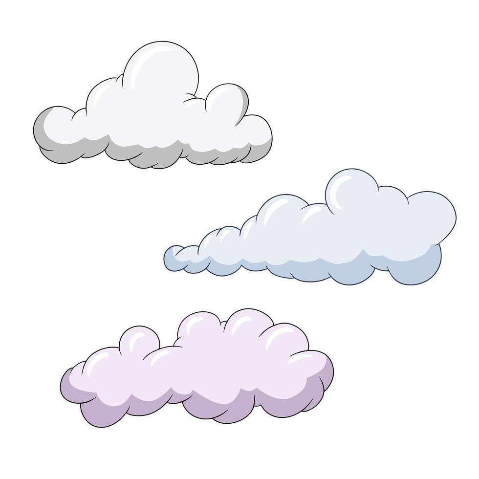 conjunto de nubes de cúmulos de color claro en estilo de dibujos animados, grandes nubes en el cielo, ilustración vectorial sobre un fondo blanco vector