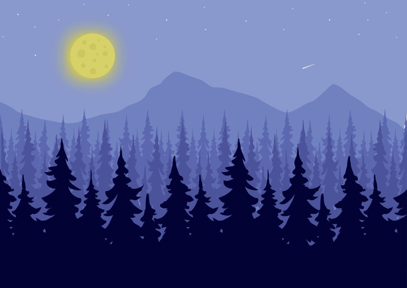 Pine forest in the mountains at night with full moon vector illustration