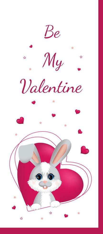 Happy Valentines Day. Greeting postcard with pink hearts and little rabbit or hare. vector