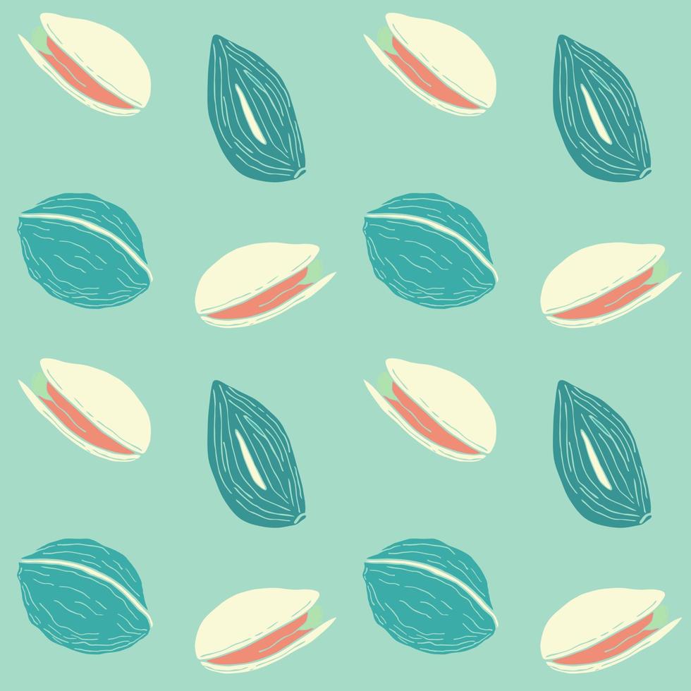 patrón sin costuras con nueces, almendras y pistachos, fondo azul. vector