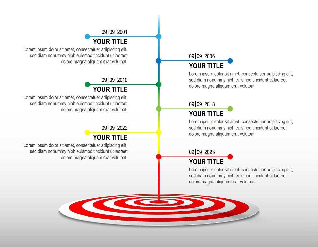 línea de color golpeada en el tablero de dardos rojo y blanco con infografía. línea de tiempo objetivo. gráfico de datos de éxito empresarial, objetivo de inversión, desafío de marketing, presentación de estrategia, diagrama de logros. plantilla. vector