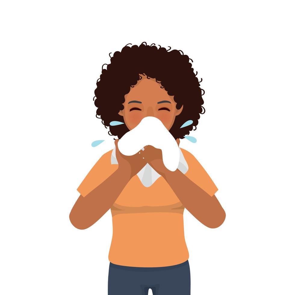 Young African woman with runny nose holding a handkerchief or tissue sneezing and blowing because of fever, cold, flu, allergy, virus infection vector