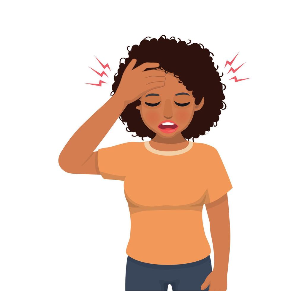 young African woman having a headache with hand squeezing her head because of stress, migraine, and having worries or anxiety problems vector