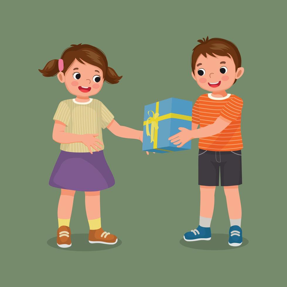 happy little girl giving gift to her boy friend for his birthday or Christmas present vector