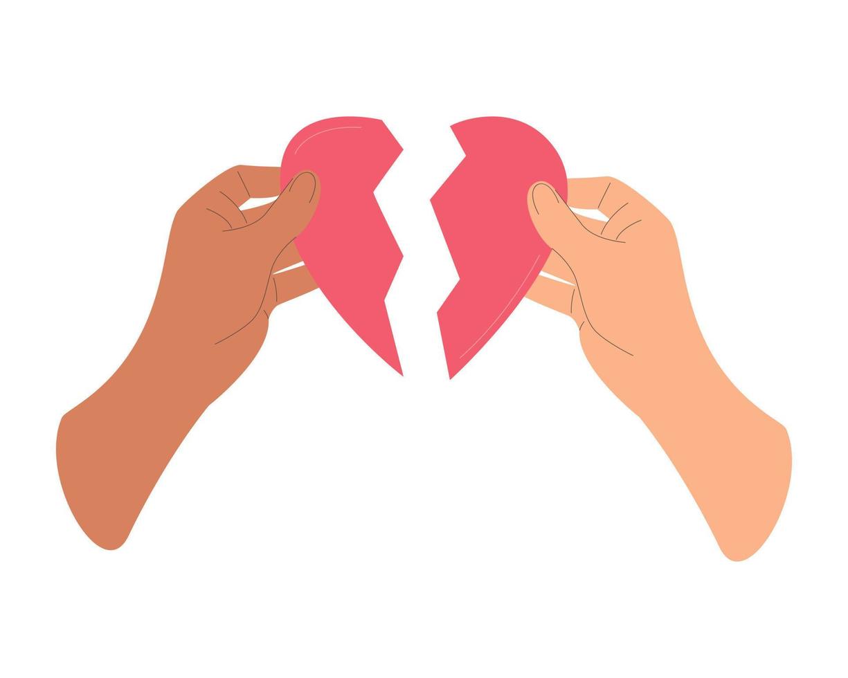 Broken heart, hands holding halves of a heart, lets make up, our love. vector
