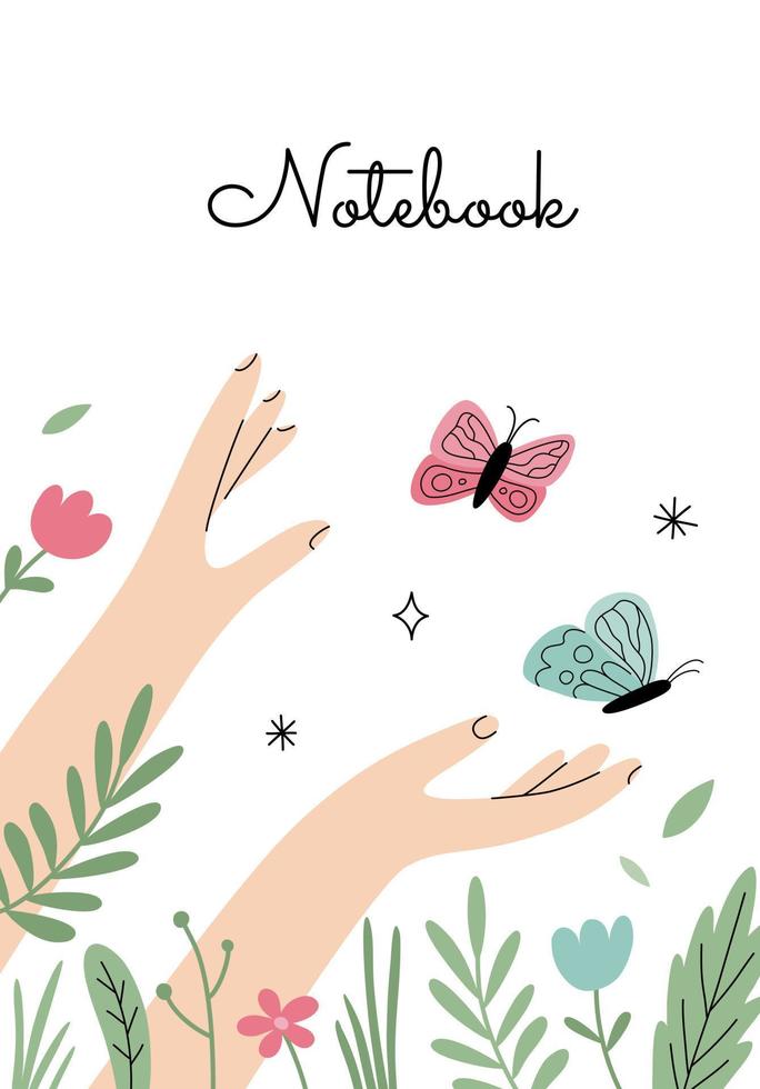 Botanical print with hands and butterflies. Vector illustration in a flat hand-drawn style perfect for notebook cover, book or postcard