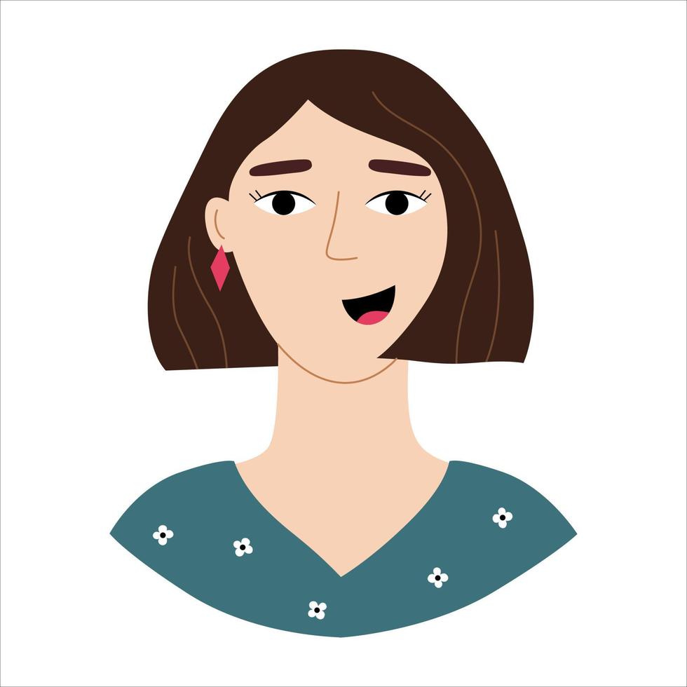 Pretty happy woman in full face with a square haircut. Vector character avatar positive emotions concept