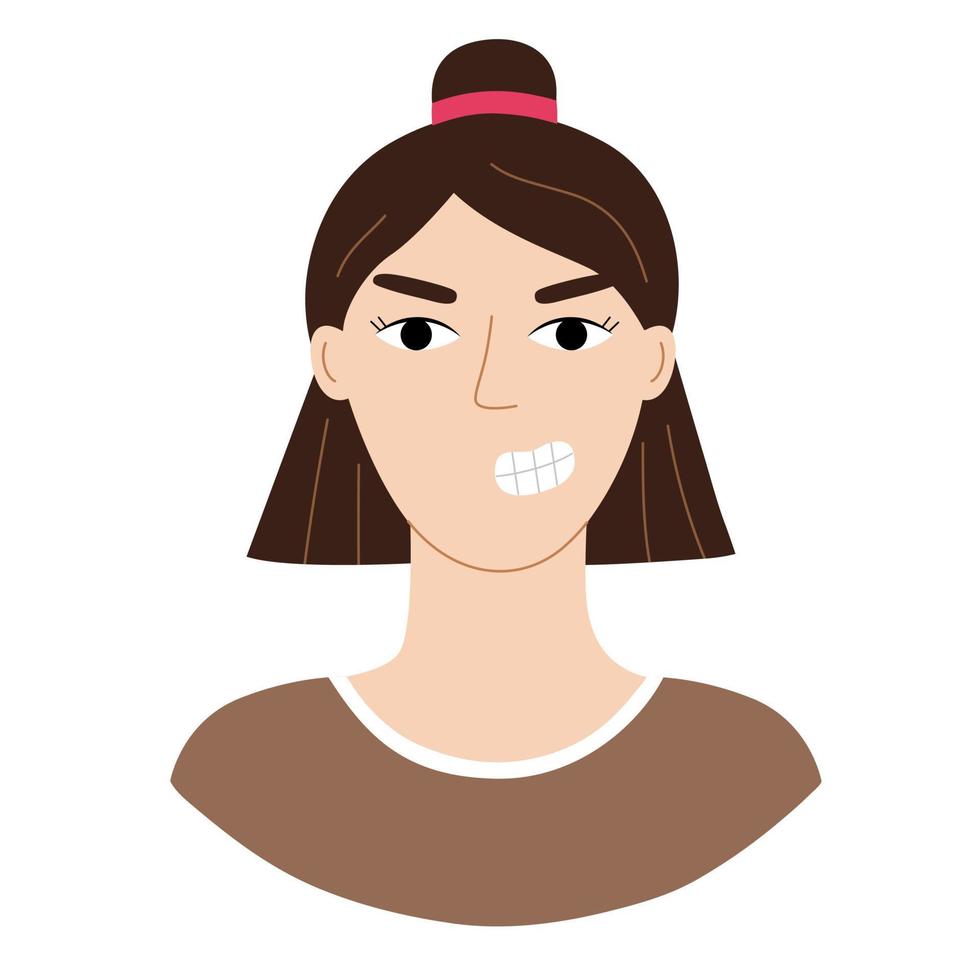 mujer joven enojada en toda la cara con un corte de pelo cuadrado. avatar de personaje vectorial a la altura de los hombros. concepto de emociones negativas vector