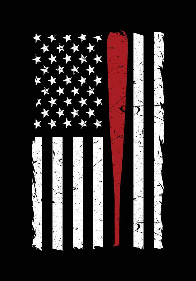 bandera americana de béisbol. bandera de estados unidos en blanco y negro y bate de béisbol rojo. vector