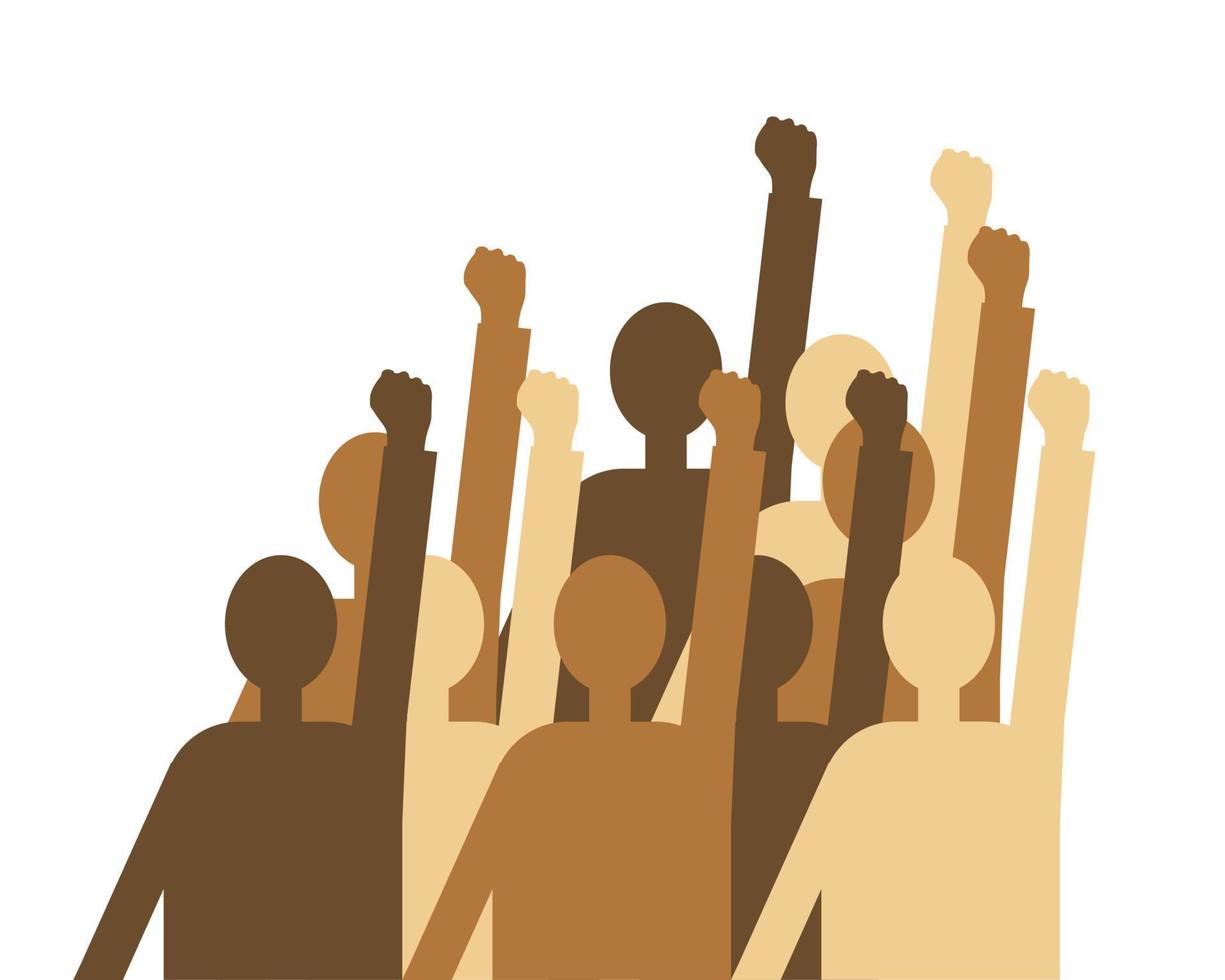 A group of people of different races raised their fists as a symbol of unity, protest, strength or victory, success. The concept of unity, revolution, struggle, cooperation. Isolated background.Vector vector