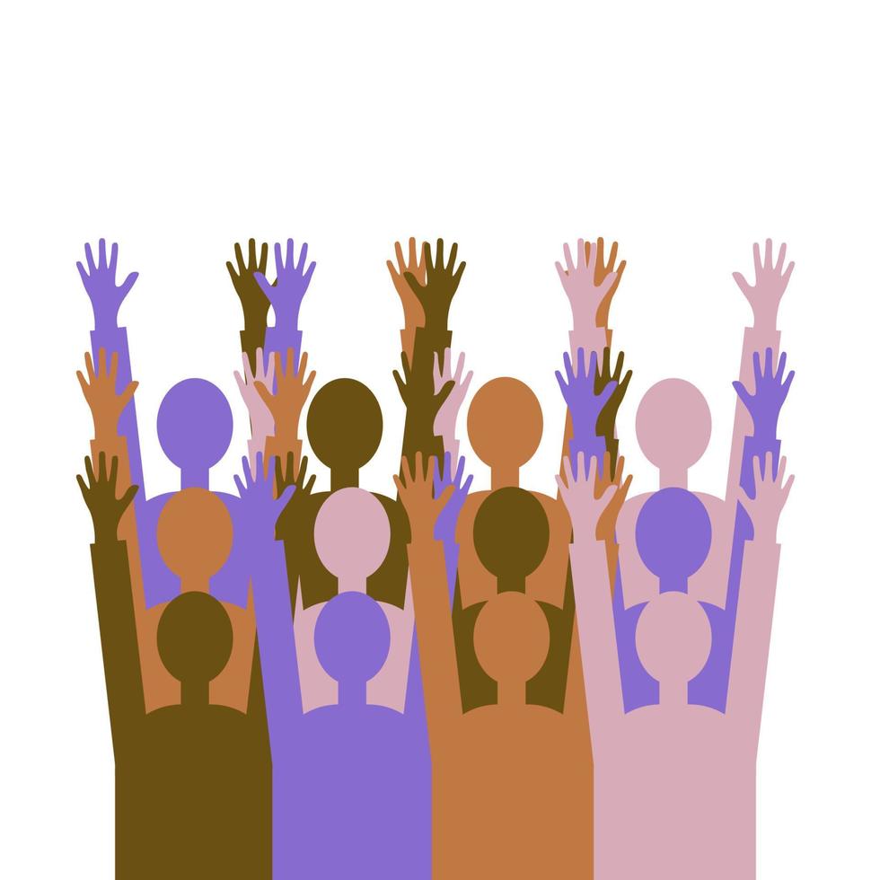 People, team, crowd.A group of people of different colors with raised hands as a symbol of joy, unity, protest, strength, victory, success.Isolated background vector