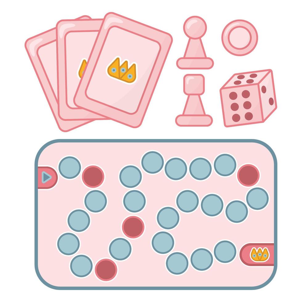Board game pink. Dice, moving figures, cards, play vector