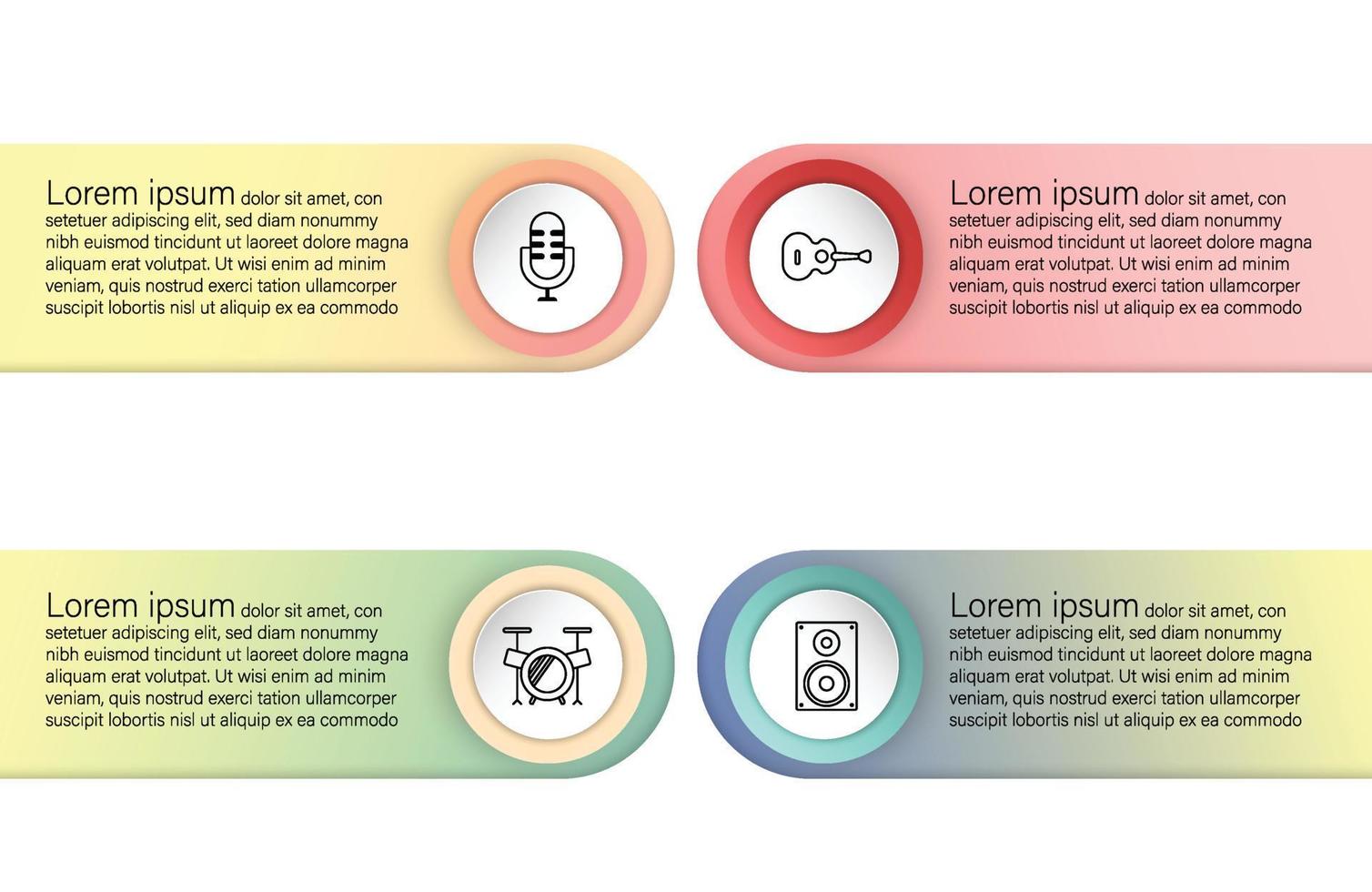 Infographic template for music business information presentation. Vector circles and ellipse elements. Modern workflow diagrams. Report plan musical instrument 4 topics