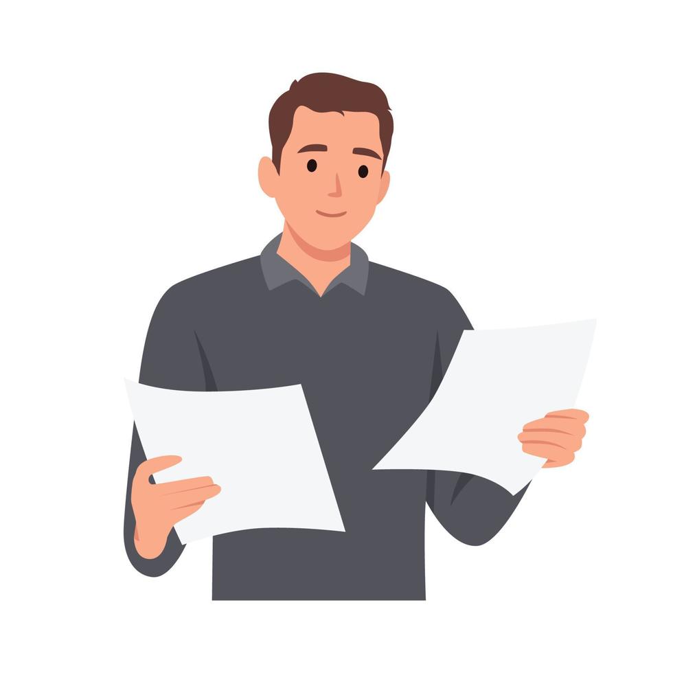 Young man looking through paper documents, satisfied with research results. Smiling male accounting manager reviewing financial report. Flat vector illustration isolated on white background